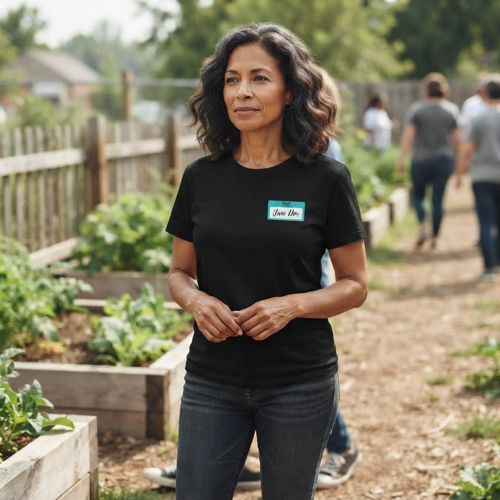 A woman standing in a garden center wearing a black t-shirt with a small blue and white 'Hello my name is Jane Doe' name tag on the chest, paired with dark gray jeans. Other people are visible in the background walking along a path.