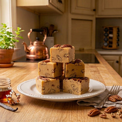 A pyramid stack of maple pecan fudge squares, set on a wooden kitchen counter with scattered pecans, a small jar of vanilla, and a vanilla bean. The background shows a warm, cozy kitchen with cream cabinets and a copper kettle.