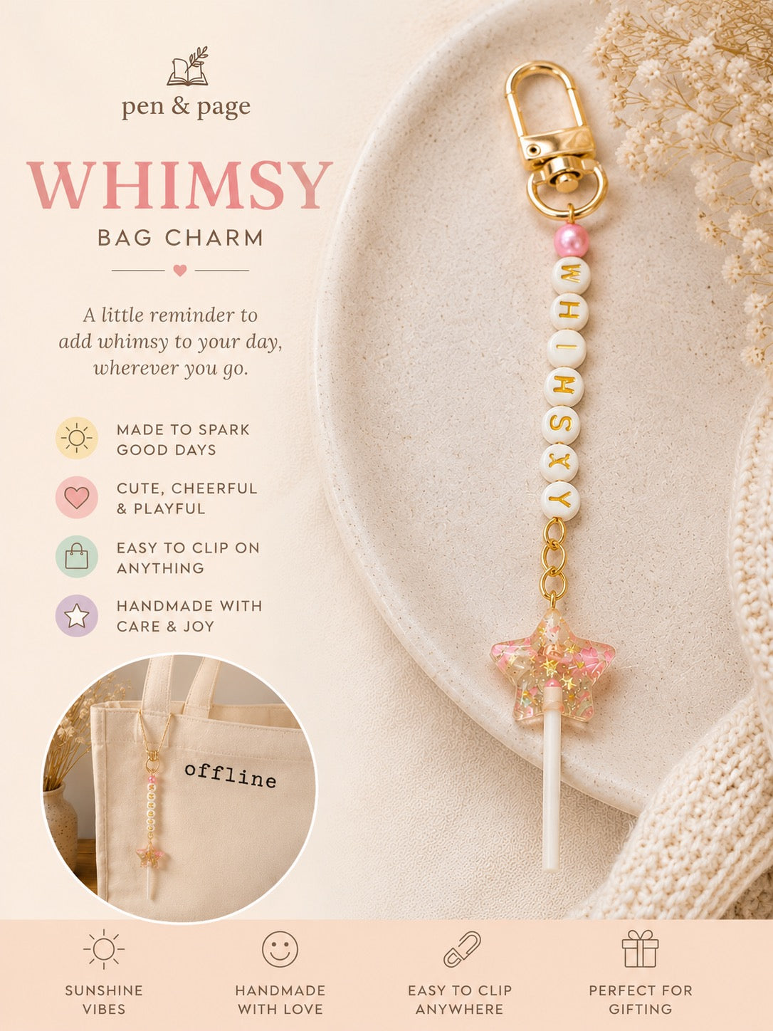 Handmade Whimsy Bag Charm – Pastel Beads & Glitter Star - Spinsterly Co