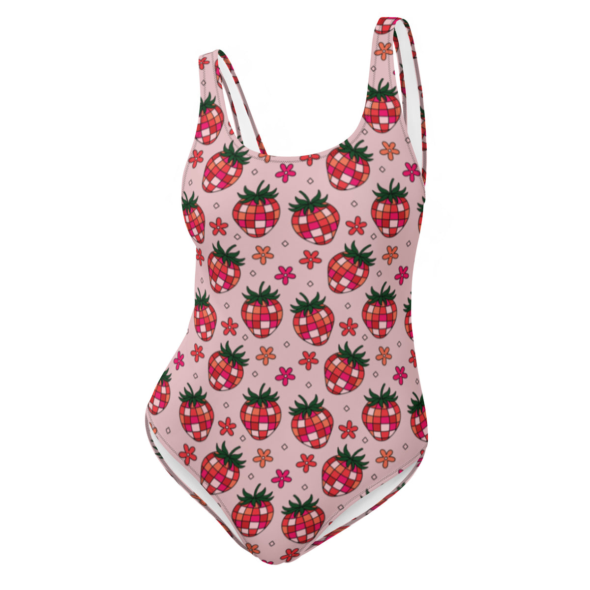 Disco Strawberry One-Piece Swimsuit | Retro Print Recycled Swimwear - Spinsterly Co
