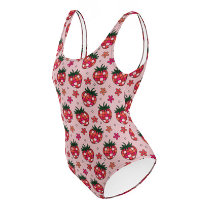 Disco Strawberry One-Piece Swimsuit | Retro Print Recycled Swimwear - Spinsterly Co