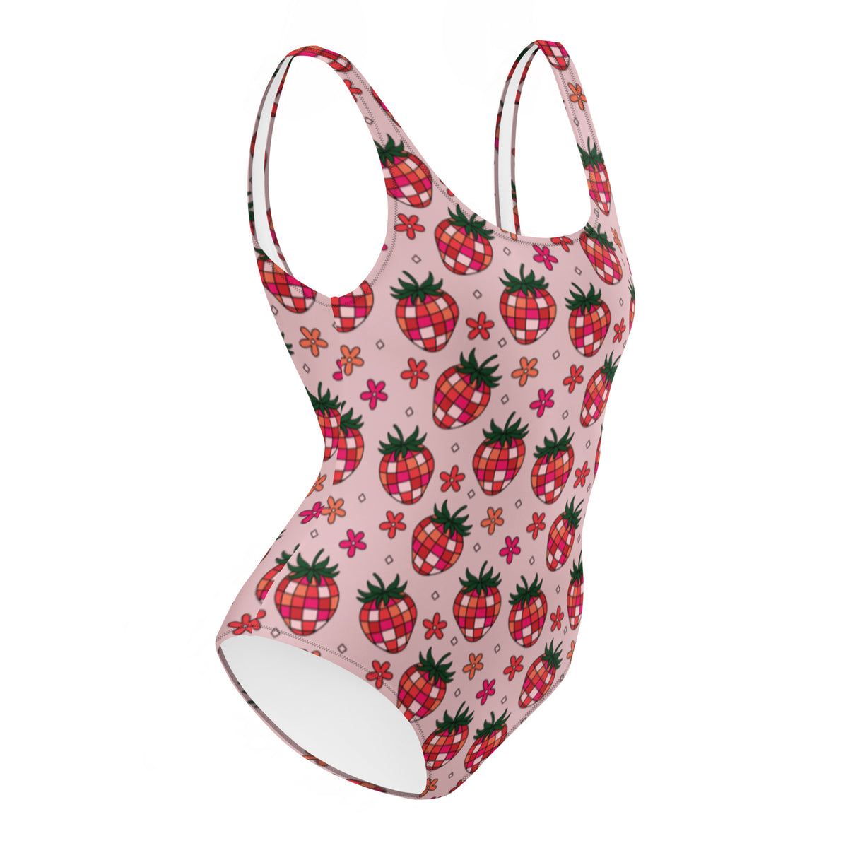Disco Strawberry One-Piece Swimsuit | Retro Print Recycled Swimwear - Spinsterly Co