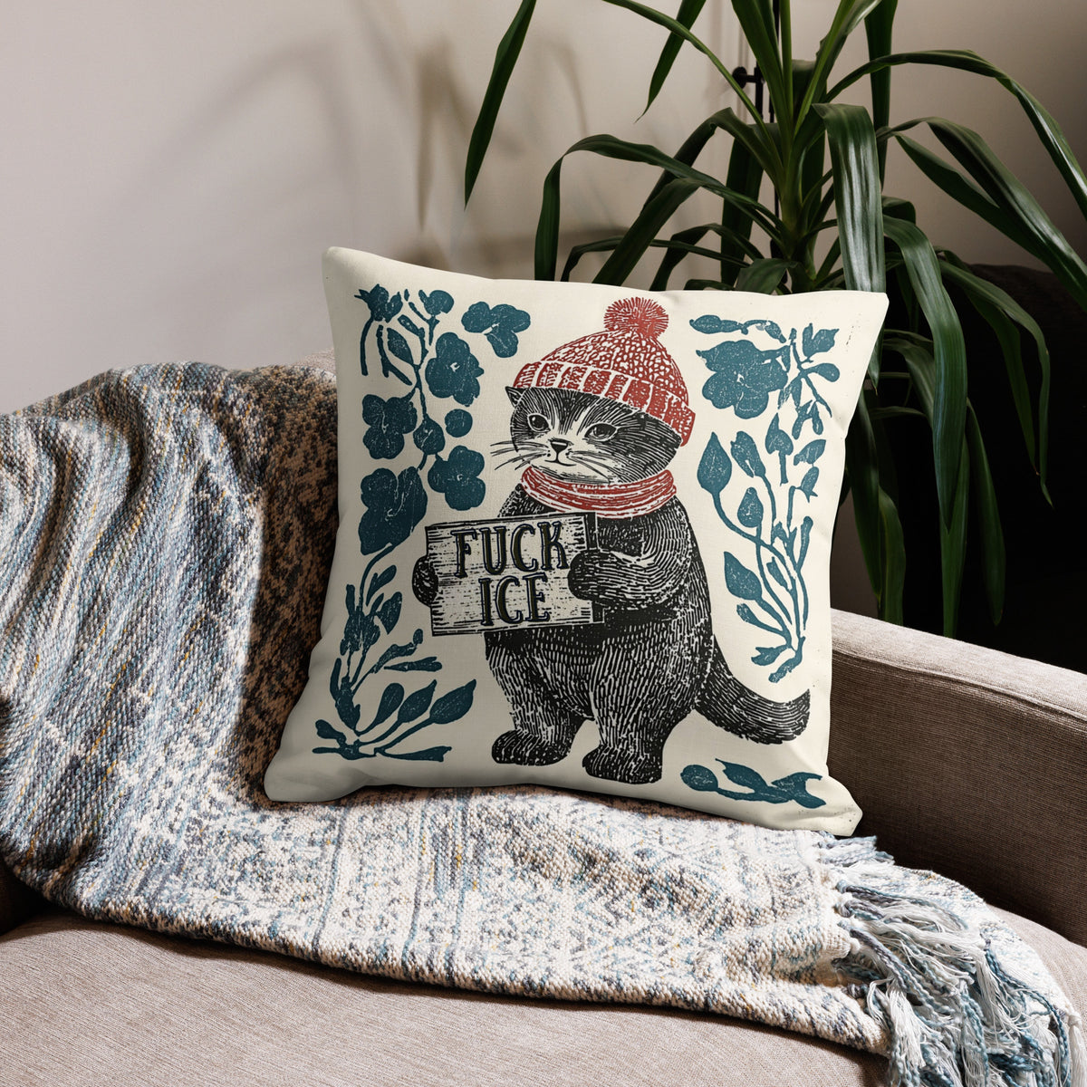 Fuck ICE Protest Cat Pillow Case | Anti-ICE Folk Art Political Home Decor - Spinsterly Co