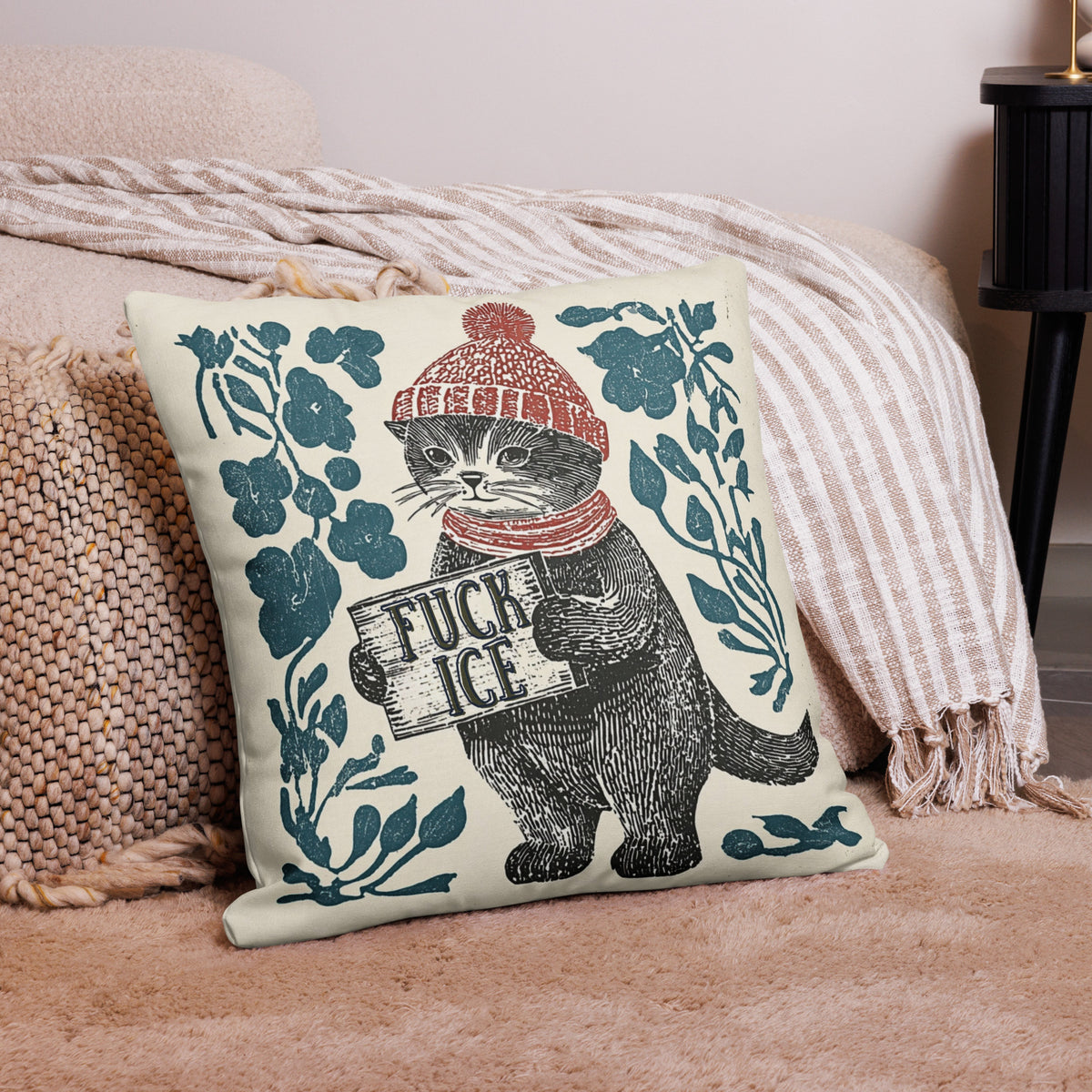 Fuck ICE Protest Cat Pillow Case | Anti-ICE Folk Art Political Home Decor - Spinsterly Co