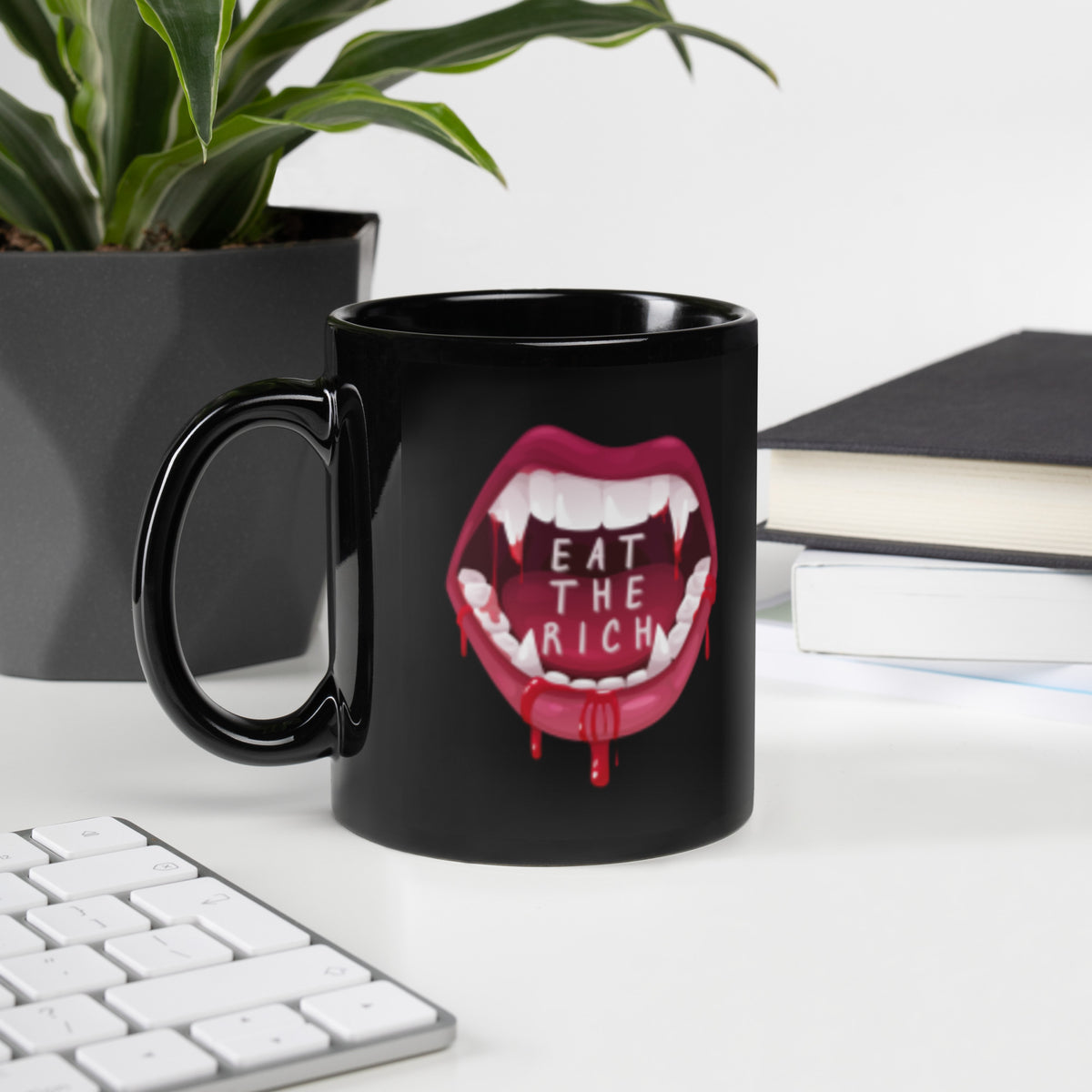 Eat the Rich Vampire Fangs Black Glossy Mug | Funny Activist Anti-Capitalist Gift - Spinsterly Co