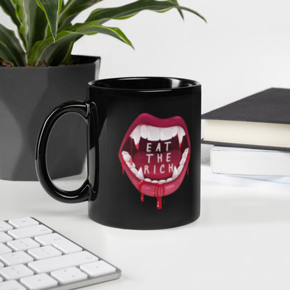 Eat the Rich Vampire Fangs Black Glossy Mug | Funny Activist Anti-Capitalist Gift - Spinsterly Co
