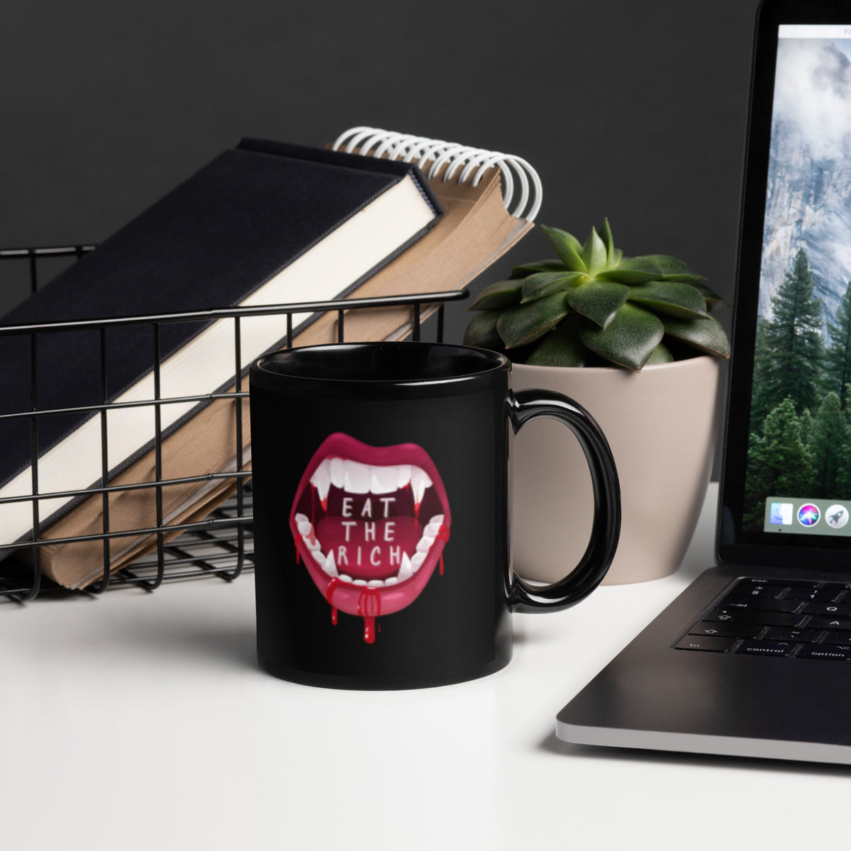 Eat the Rich Vampire Fangs Black Glossy Mug | Funny Activist Anti-Capitalist Gift - Spinsterly Co