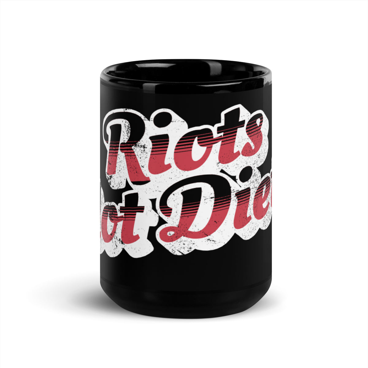 Riots Not Diets Distressed Retro Script Black Glossy Mug | Feminist Body Positive Gift - Spinsterly Co