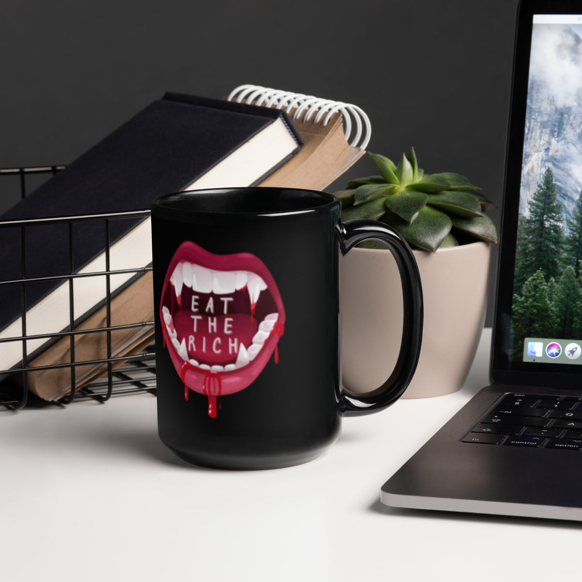 Eat the Rich Vampire Fangs Black Glossy Mug | Funny Activist Anti-Capitalist Gift - Spinsterly Co