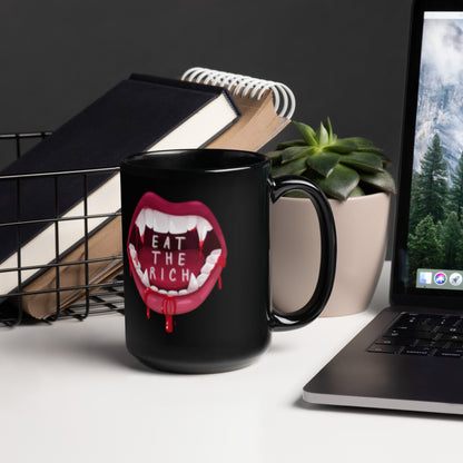 Eat the Rich Vampire Fangs Black Glossy Mug | Funny Activist Anti-Capitalist Gift - Spinsterly Co