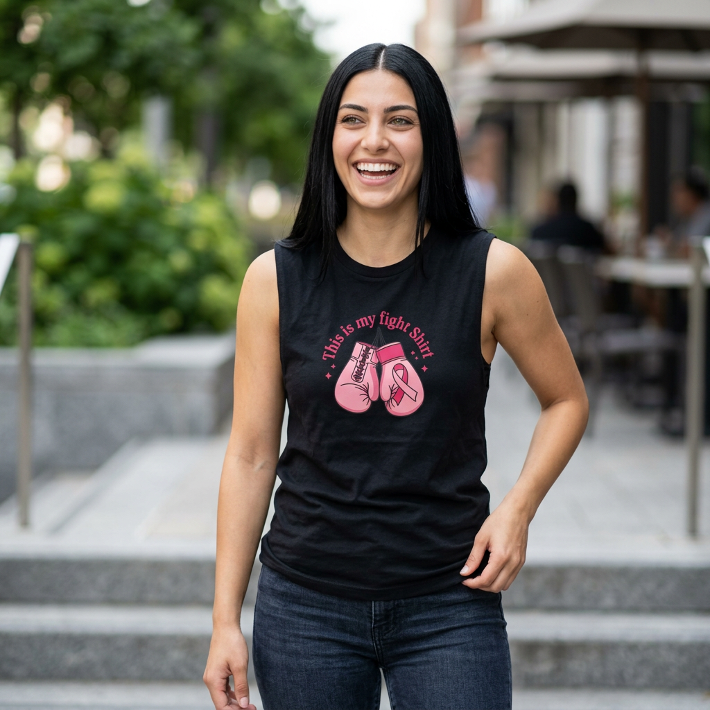 A woman smiling outdoors wearing a black sleeveless tank top with a pink breast cancer awareness graphic of boxing gloves and the text 'This is my fight shirt'.