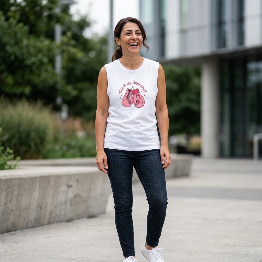 A woman walking outdoors wearing a white sleeveless graphic T-shirt with a pink boxing gloves design and the text 'This is my fight club', paired with light blue jeans.