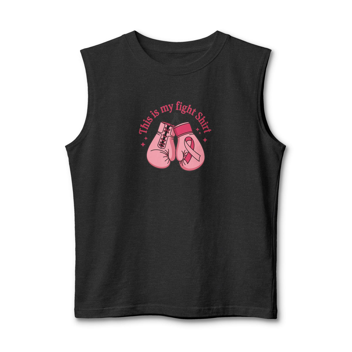A dark grey sleeveless muscle tank top featuring a pink graphic of boxing gloves and the text 'This is my fight shirt' on the chest, displayed against a plain white background.