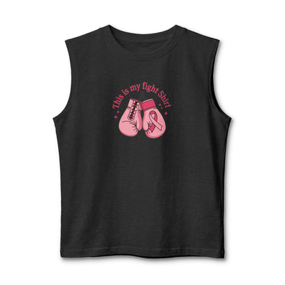 A dark grey sleeveless muscle tank top featuring a pink graphic of boxing gloves and the text 'This is my fight shirt' on the chest, displayed against a plain white background.