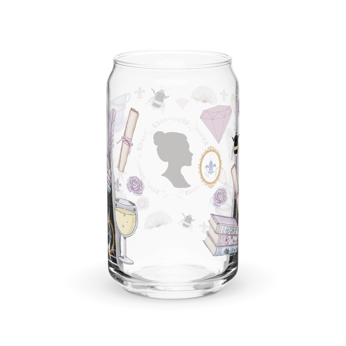 Regency Era Cameo Scatter Pattern Can-Shaped Glass Tumbler | Regency Romance Fan Gift 16 oz - Spinsterly Co