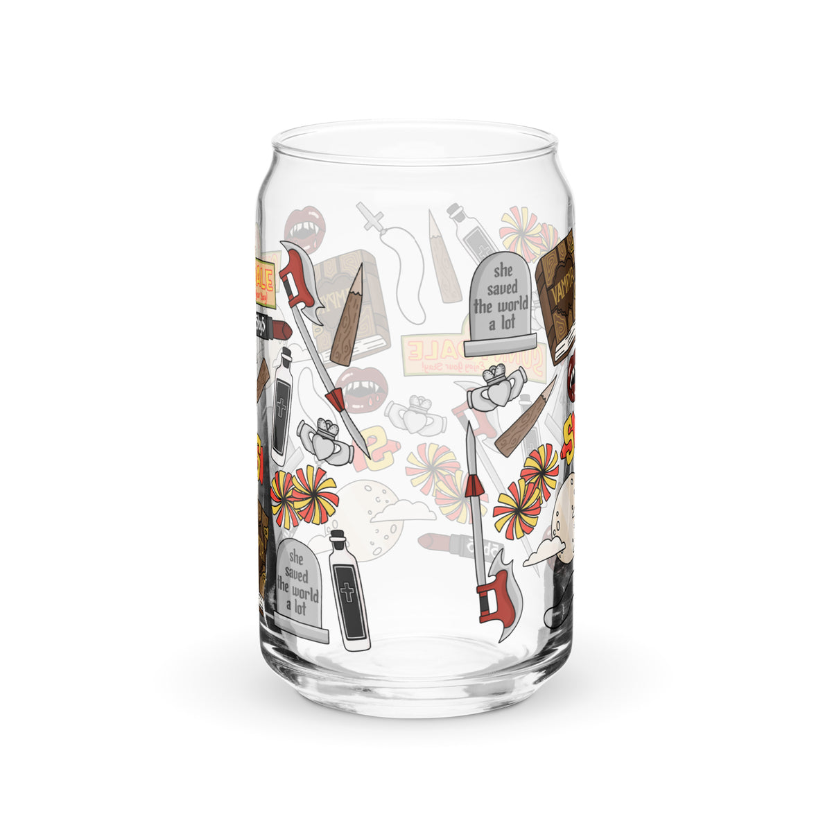 Vampire Town Can Glass Tumbler | Fangs Stakes Crosses Cheerleader Drinkware - Spinsterly Co