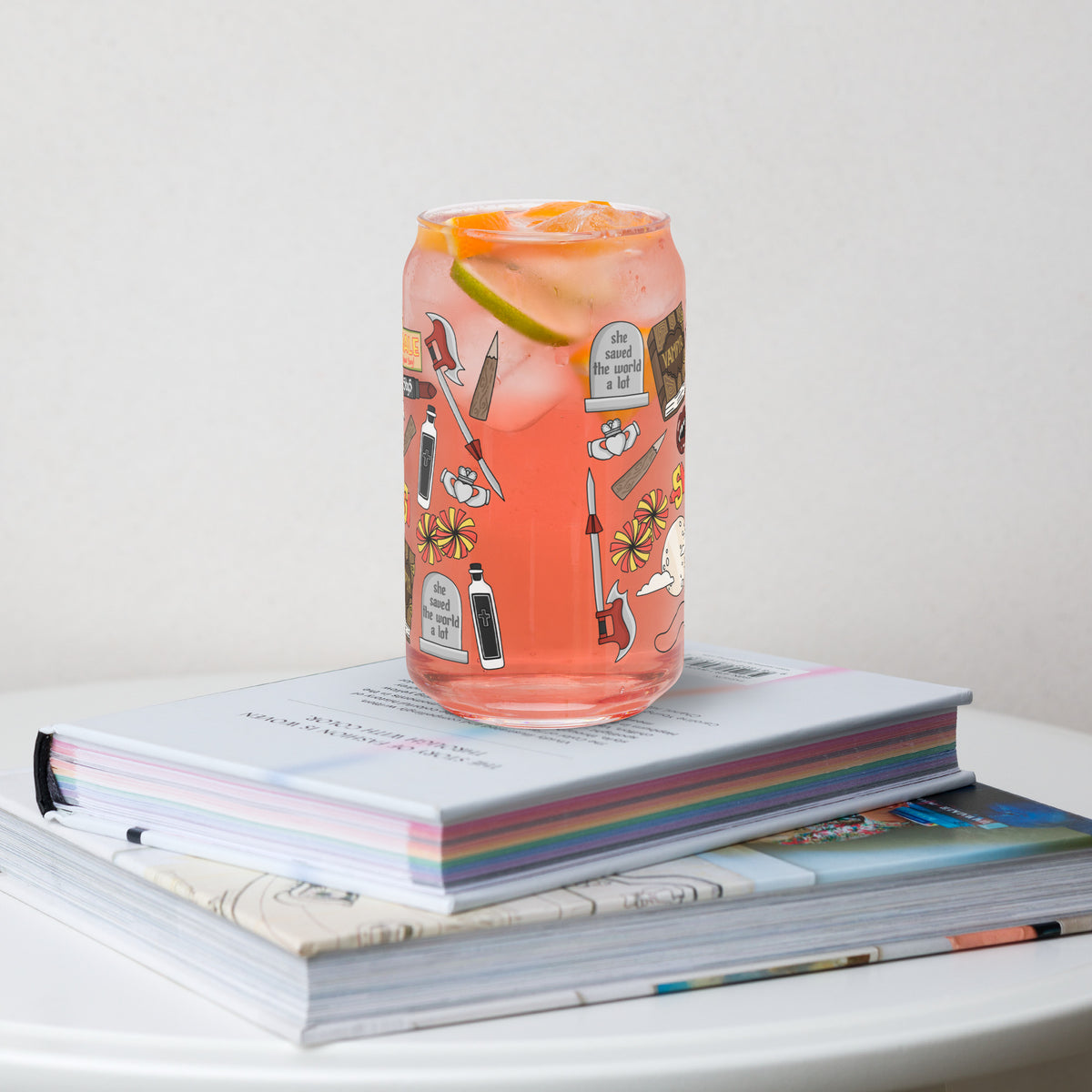 Vampire Town Can Glass Tumbler | Fangs Stakes Crosses Cheerleader Drinkware - Spinsterly Co