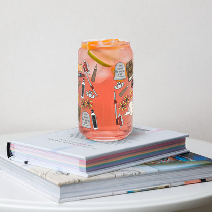 Vampire Town Can Glass Tumbler | Fangs Stakes Crosses Cheerleader Drinkware - Spinsterly Co