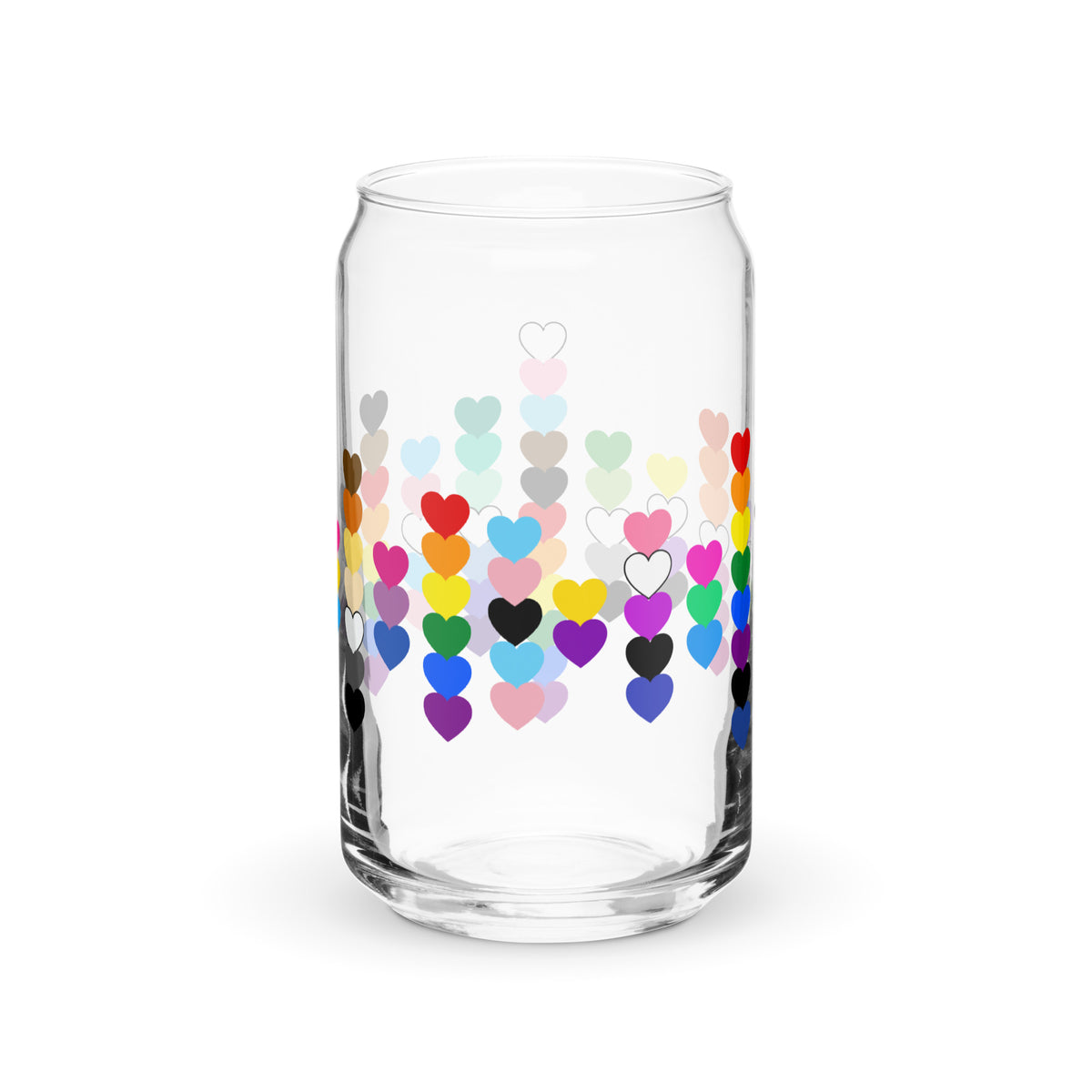 LGBTQIA+ Pride Rainbow Hearts Can-Shaped Glass Tumbler | Inclusive Pride Gift 16 oz - Spinsterly Co