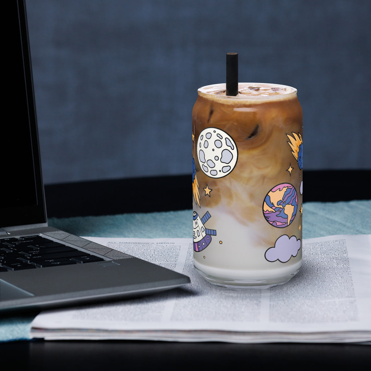 Kawaii Space Scatter Cosmic Glass Tumbler | Cute Space Gift for Iced Coffee 16 oz - Spinsterly Co