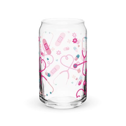 Kawaii Nurse Medical Scatter Can-Shaped Glass Tumbler | Cute Nurse Gift 16 oz with Bamboo Lid & Straw - Spinsterly Co