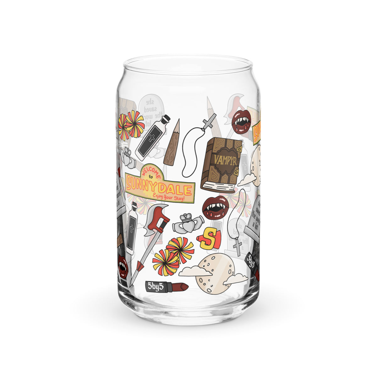 Vampire Town Can Glass Tumbler | Fangs Stakes Crosses Cheerleader Drinkware - Spinsterly Co