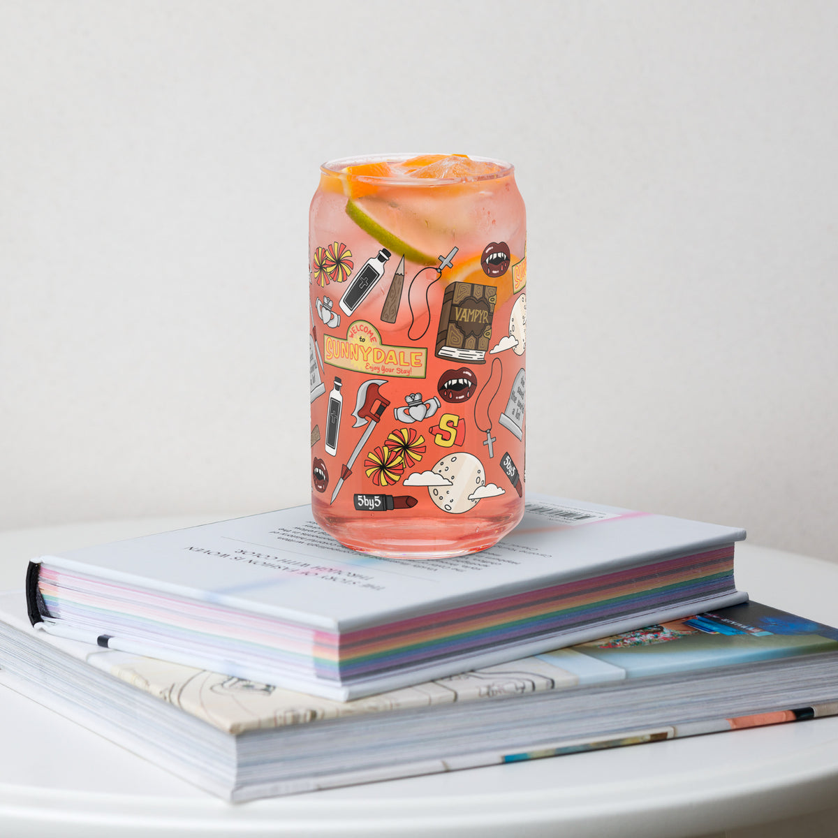 Vampire Town Can Glass Tumbler | Fangs Stakes Crosses Cheerleader Drinkware - Spinsterly Co