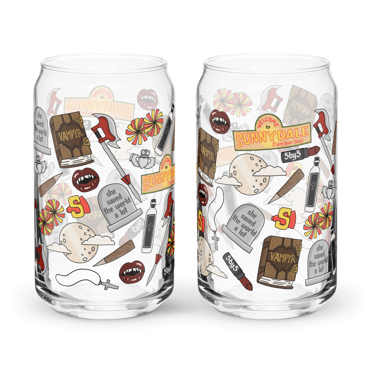 Vampire Town Can Glass Tumbler | Fangs Stakes Crosses Cheerleader Drinkware - Spinsterly Co