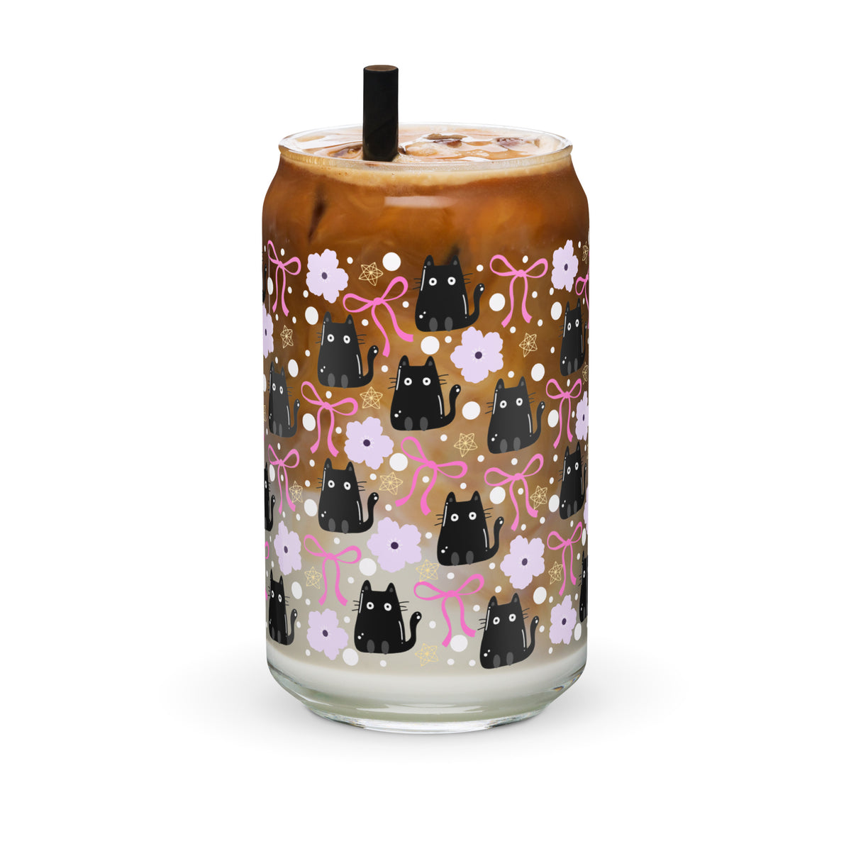 Black Cat & Bow Can-Shaped Glass | Coquette Cat Mom Glass Tumbler - Spinsterly Co