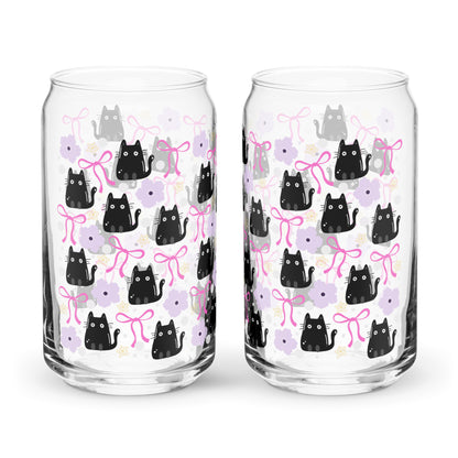Black Cat & Bow Can-Shaped Glass | Coquette Cat Mom Glass Tumbler - Spinsterly Co