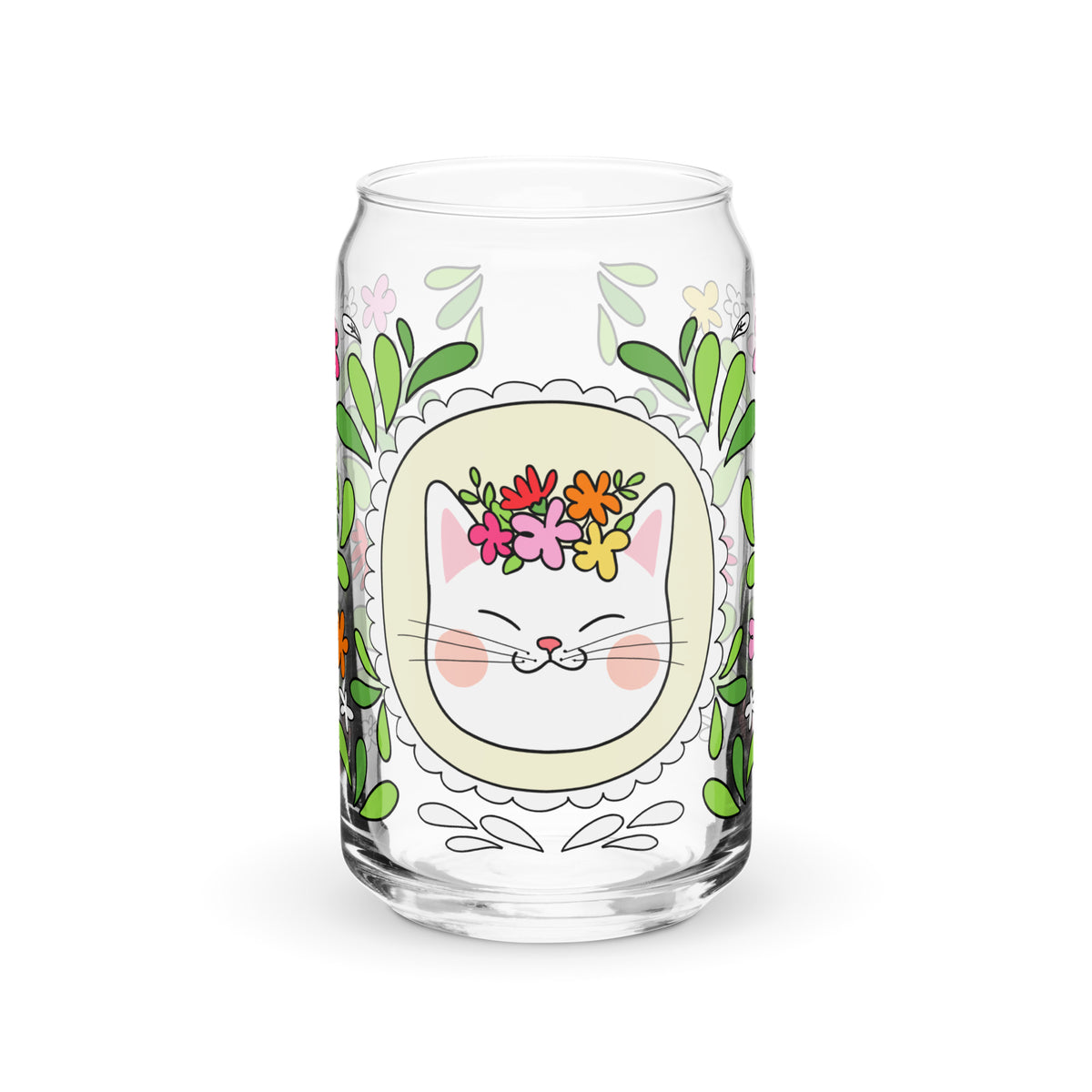 Floral Cat Can-Shaped Glass | Cute Botanical Kitty Glass Tumbler - Spinsterly Co
