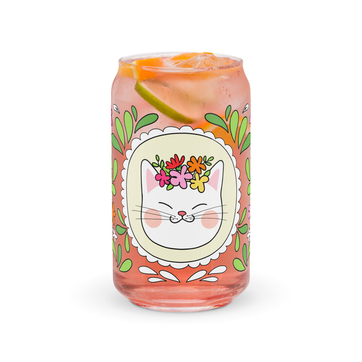 Floral Cat Can-Shaped Glass | Cute Botanical Kitty Glass Tumbler - Spinsterly Co