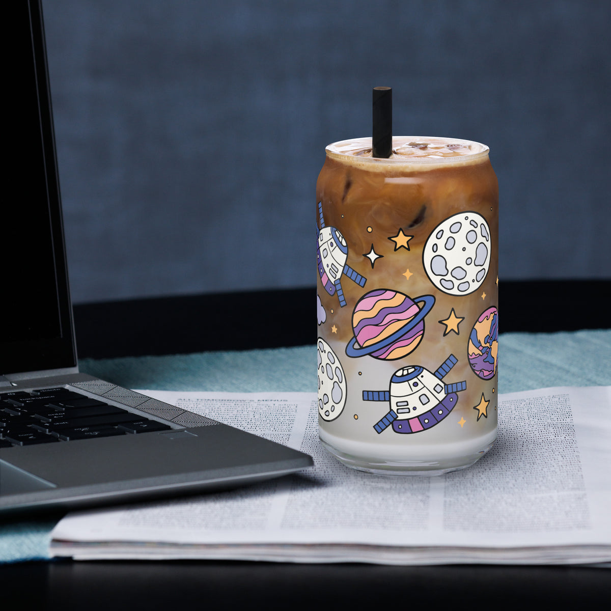 Kawaii Space Scatter Cosmic Glass Tumbler | Cute Space Gift for Iced Coffee 16 oz - Spinsterly Co