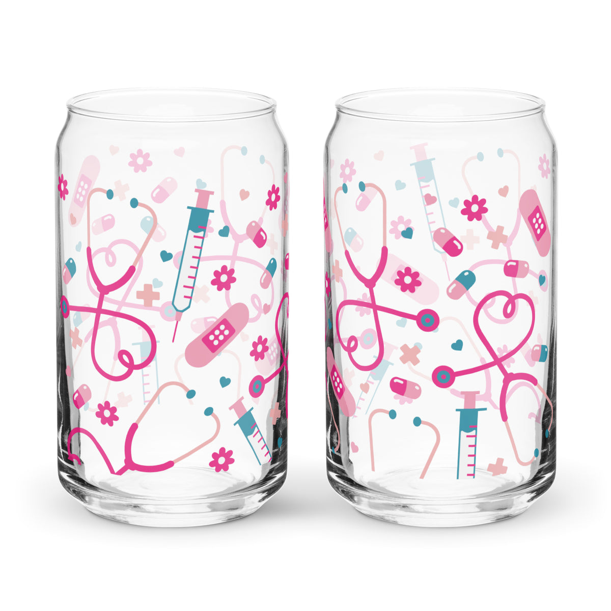 Kawaii Nurse Medical Scatter Can-Shaped Glass Tumbler | Cute Nurse Gift 16 oz with Bamboo Lid & Straw - Spinsterly Co