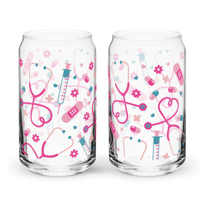 Kawaii Nurse Medical Scatter Can-Shaped Glass Tumbler | Cute Nurse Gift 16 oz with Bamboo Lid & Straw - Spinsterly Co