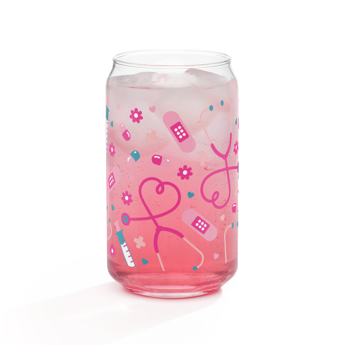 Kawaii Nurse Medical Scatter Can-Shaped Glass Tumbler | Cute Nurse Gift 16 oz with Bamboo Lid & Straw - Spinsterly Co