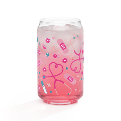 Kawaii Nurse Medical Scatter Can-Shaped Glass Tumbler | Cute Nurse Gift 16 oz with Bamboo Lid & Straw - Spinsterly Co