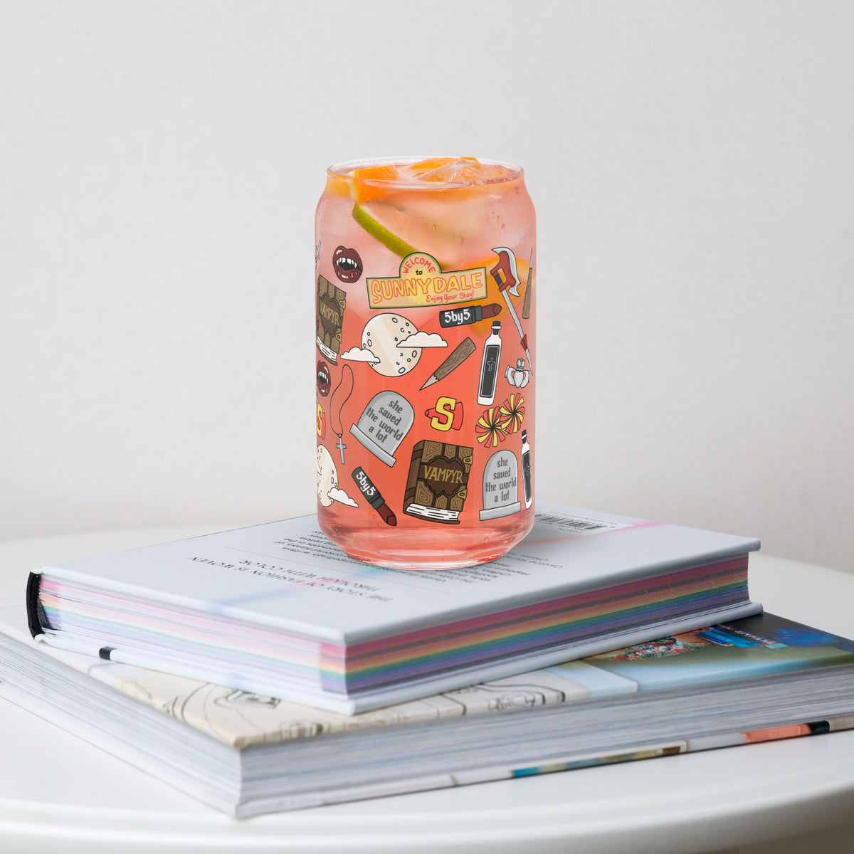 Vampire Town Can Glass Tumbler | Fangs Stakes Crosses Cheerleader Drinkware - Spinsterly Co