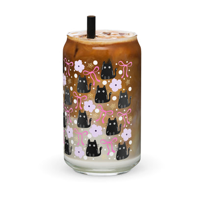 Black Cat & Bow Can-Shaped Glass | Coquette Cat Mom Glass Tumbler - Spinsterly Co