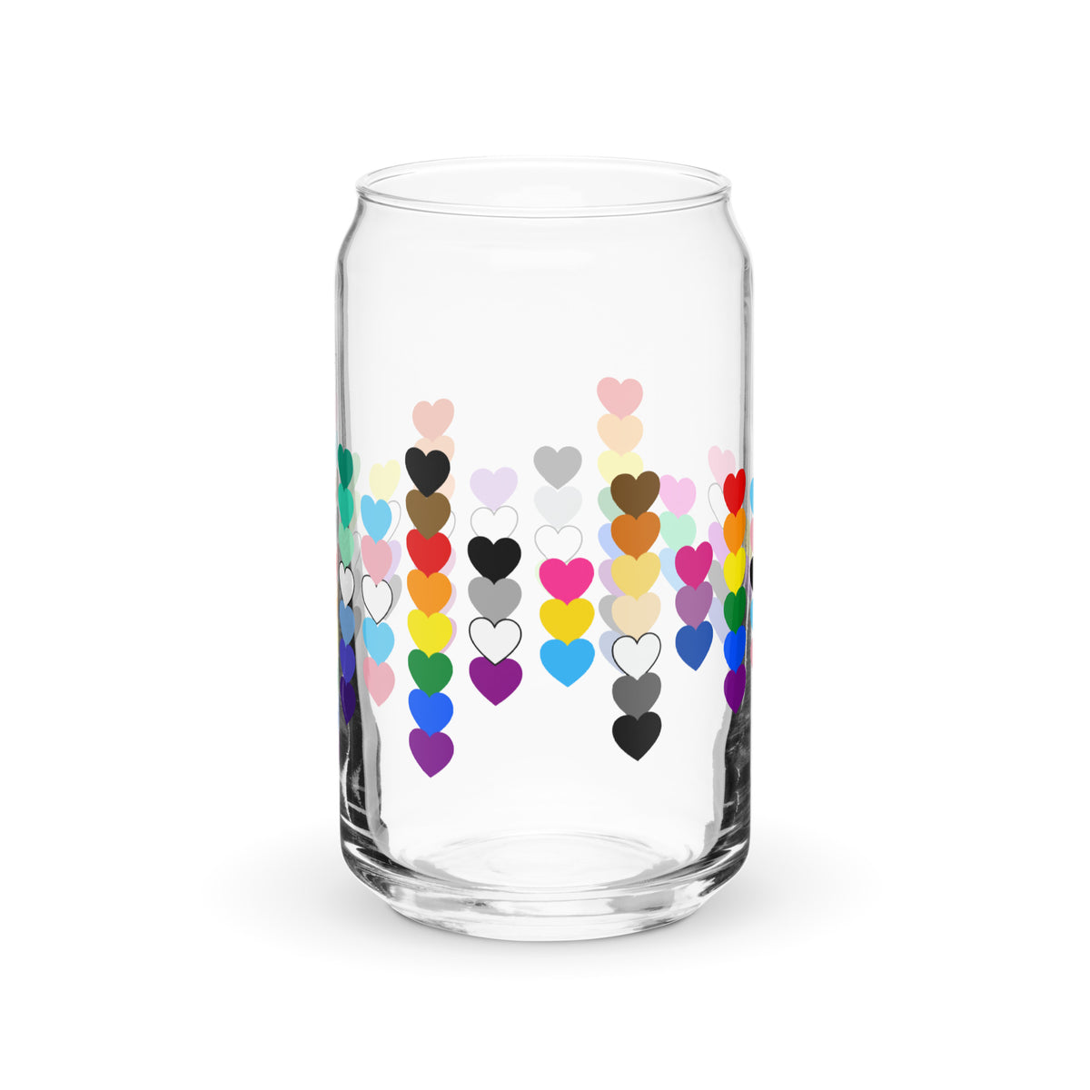 LGBTQIA+ Pride Rainbow Hearts Can-Shaped Glass Tumbler | Inclusive Pride Gift 16 oz - Spinsterly Co
