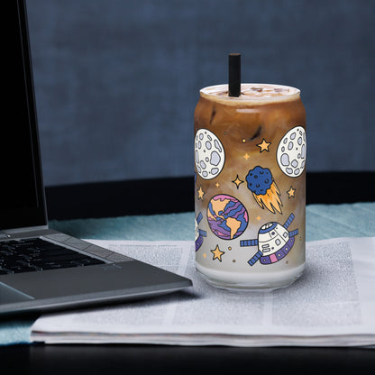Kawaii Space Scatter Cosmic Glass Tumbler | Cute Space Gift for Iced Coffee 16 oz - Spinsterly Co