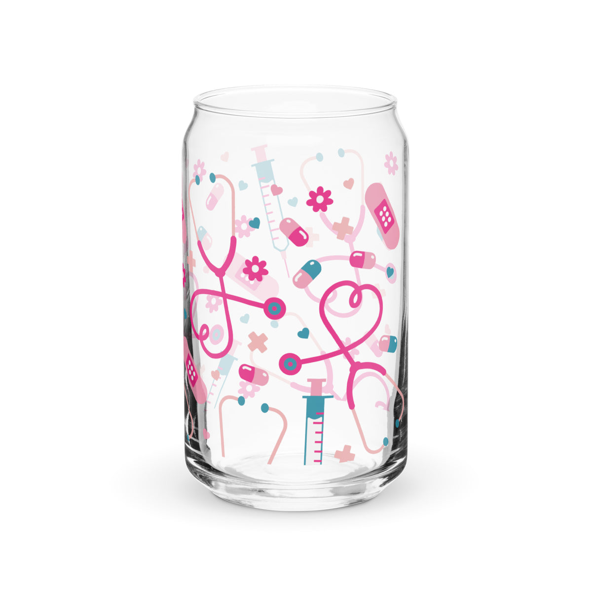Kawaii Nurse Medical Scatter Can-Shaped Glass Tumbler | Cute Nurse Gift 16 oz with Bamboo Lid & Straw - Spinsterly Co