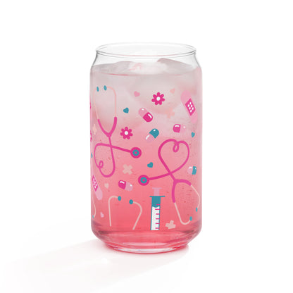 Kawaii Nurse Medical Scatter Can-Shaped Glass Tumbler | Cute Nurse Gift 16 oz with Bamboo Lid & Straw - Spinsterly Co