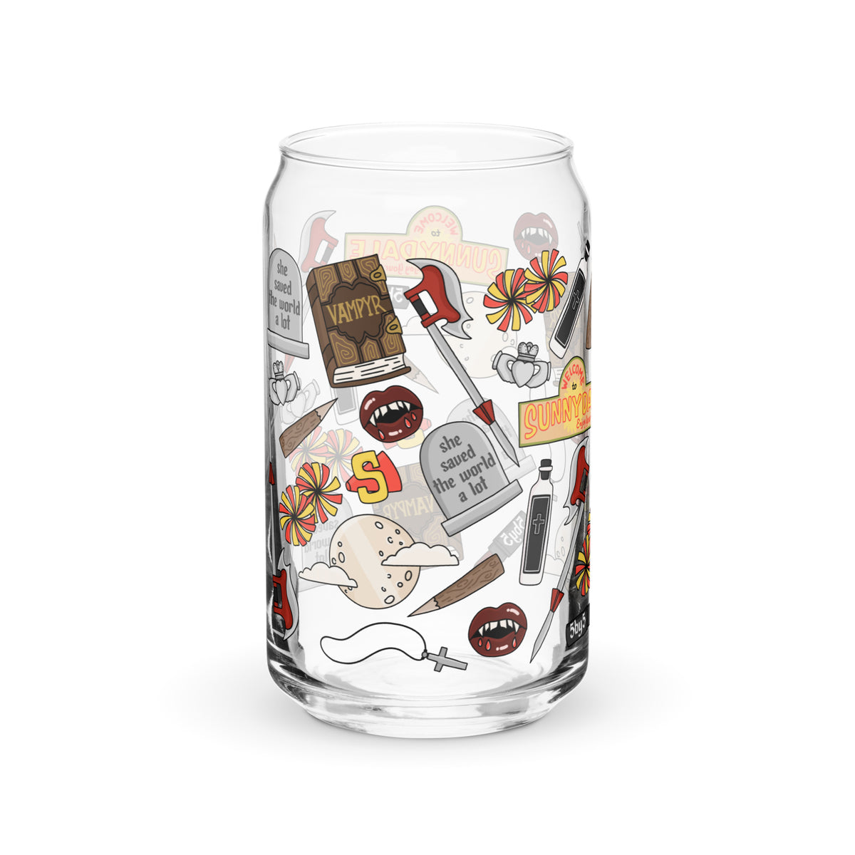 Vampire Town Can Glass Tumbler | Fangs Stakes Crosses Cheerleader Drinkware - Spinsterly Co