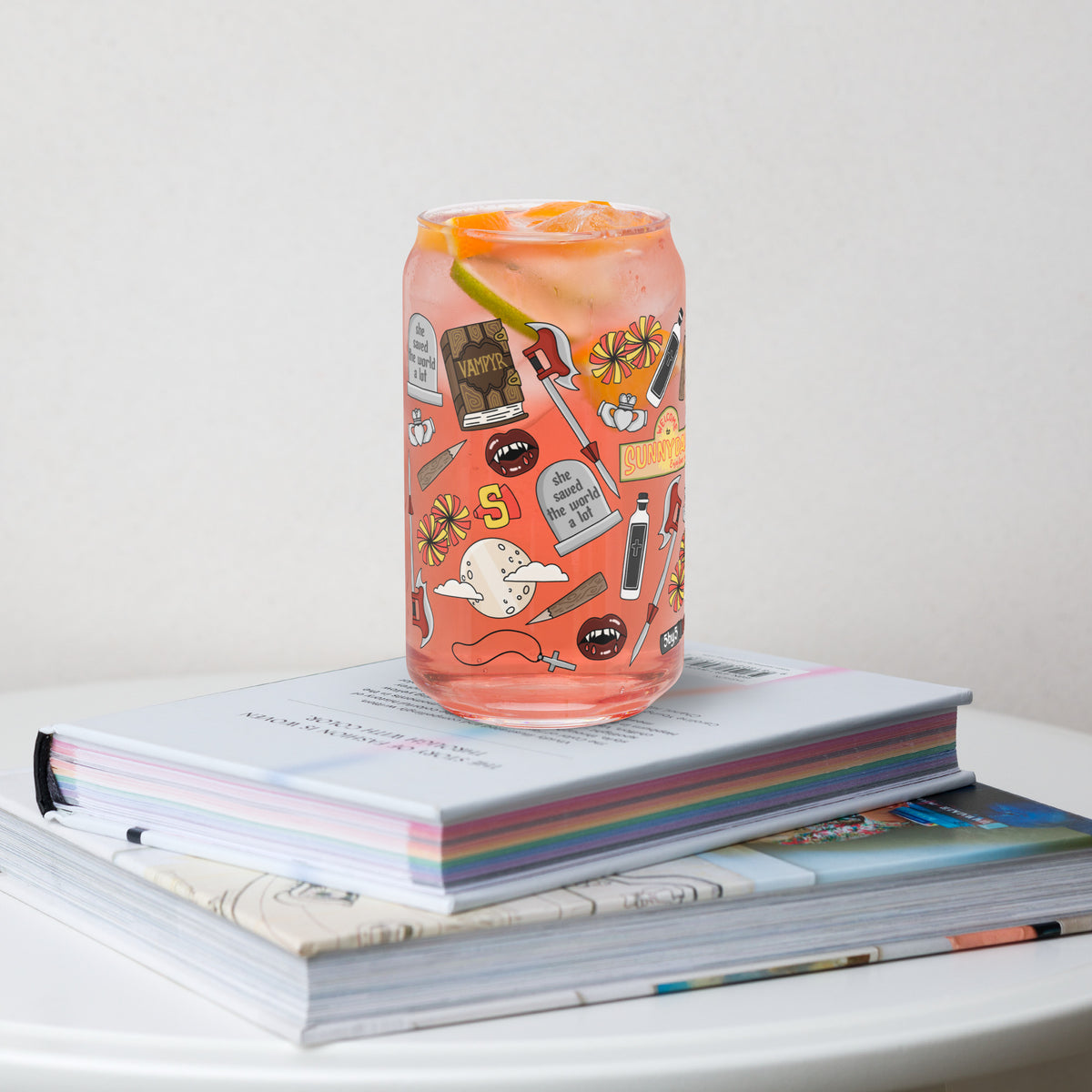 Vampire Town Can Glass Tumbler | Fangs Stakes Crosses Cheerleader Drinkware - Spinsterly Co