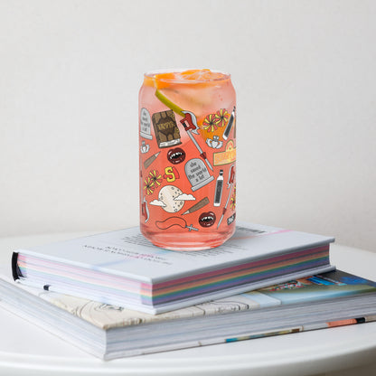 Vampire Town Can Glass Tumbler | Fangs Stakes Crosses Cheerleader Drinkware - Spinsterly Co