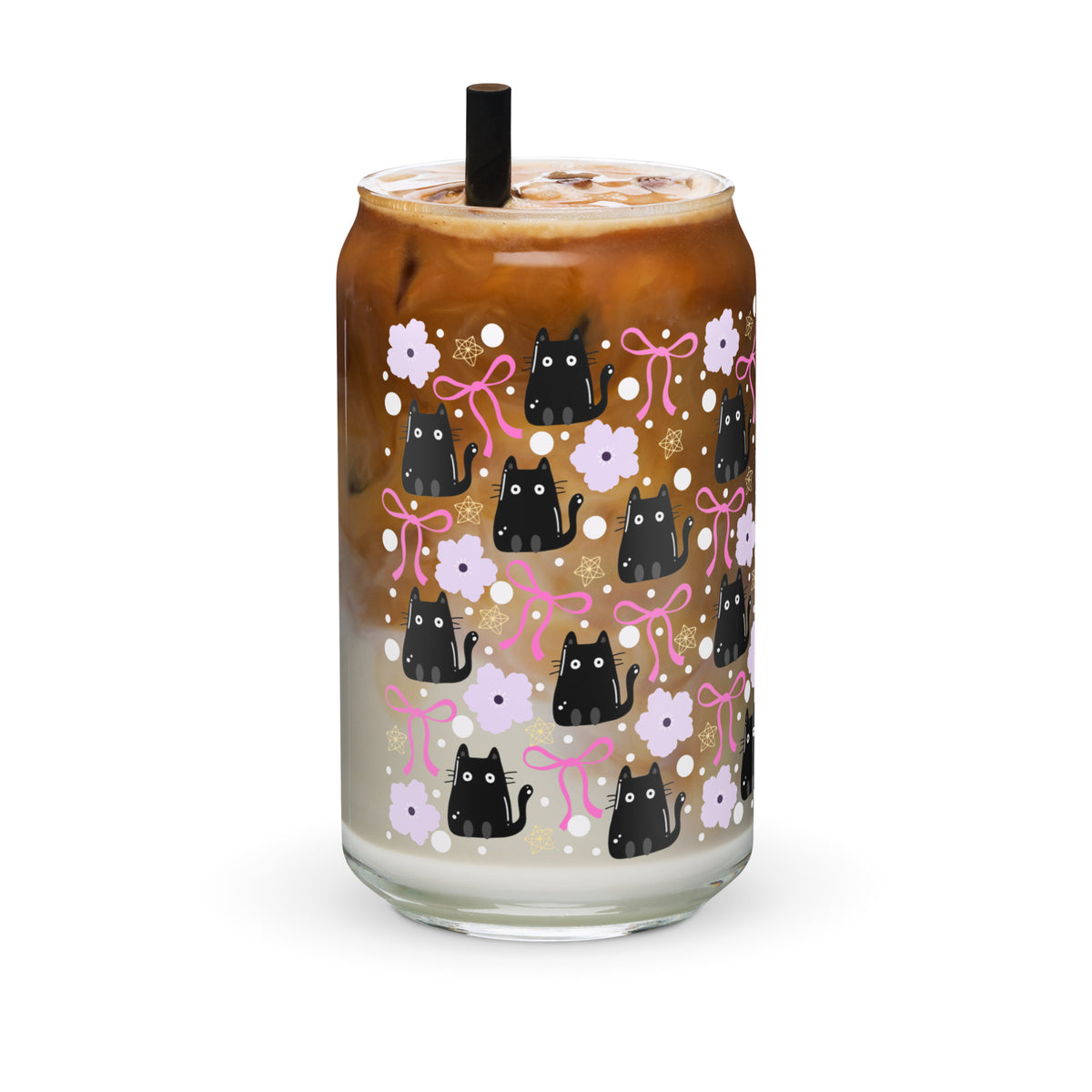 Black Cat & Bow Can-Shaped Glass | Coquette Cat Mom Glass Tumbler - Spinsterly Co