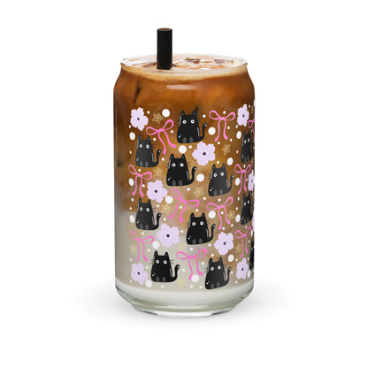 Black Cat & Bow Can-Shaped Glass | Coquette Cat Mom Glass Tumbler - Spinsterly Co