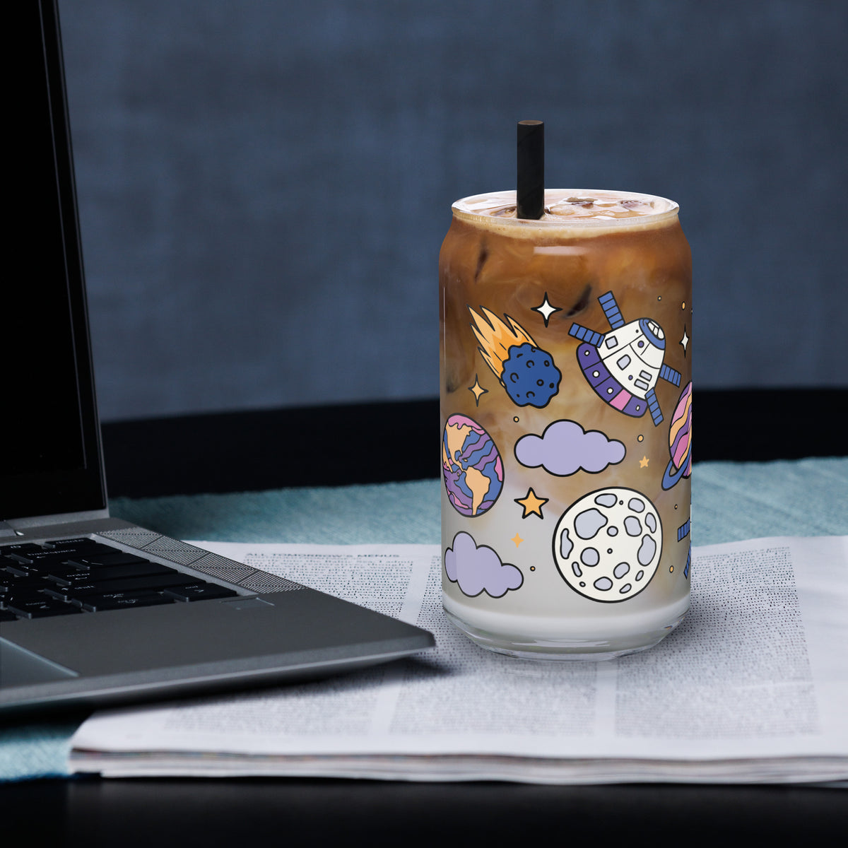 Kawaii Space Scatter Cosmic Glass Tumbler | Cute Space Gift for Iced Coffee 16 oz - Spinsterly Co