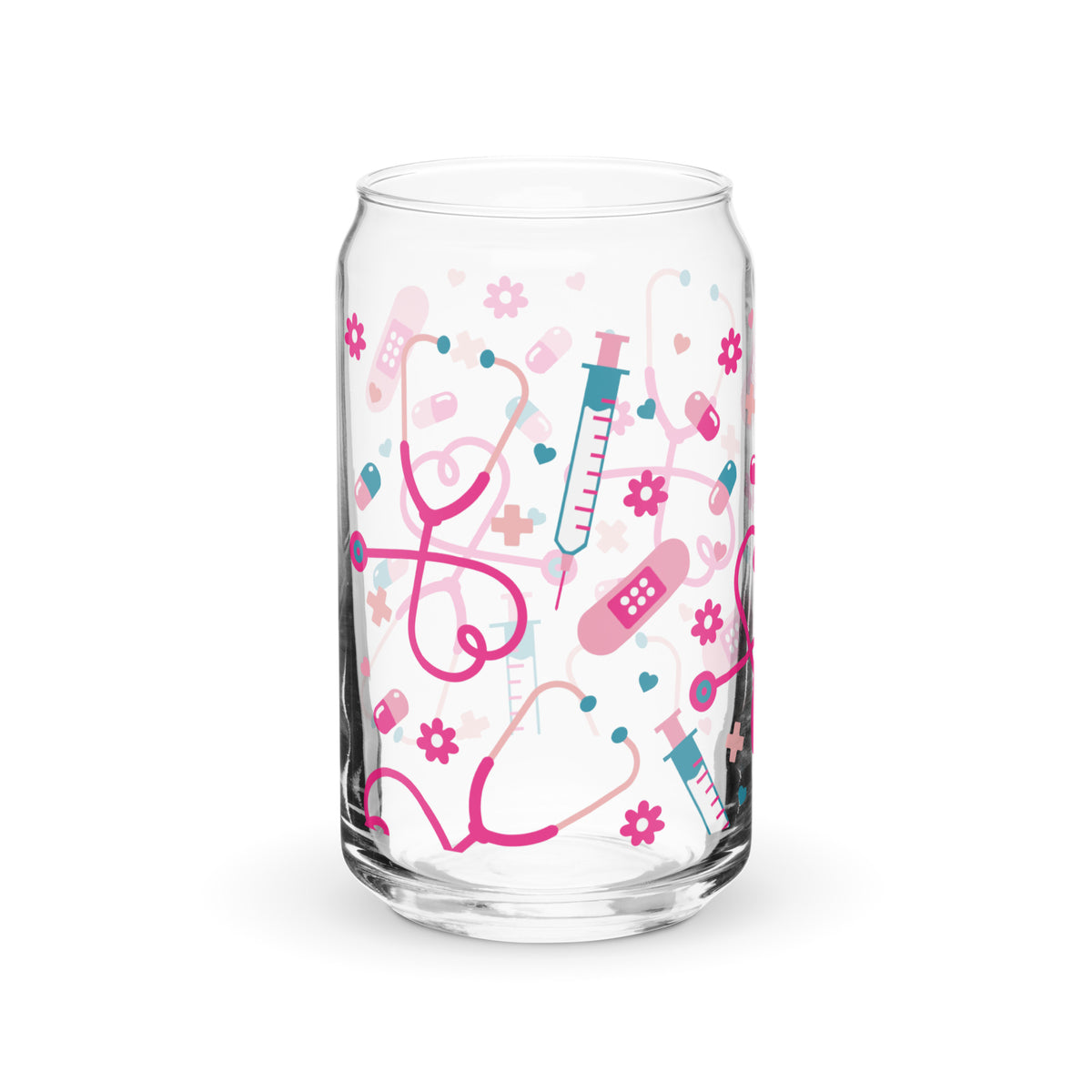 Kawaii Nurse Medical Scatter Can-Shaped Glass Tumbler | Cute Nurse Gift 16 oz with Bamboo Lid & Straw - Spinsterly Co